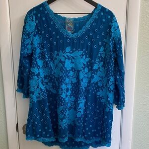 Johnny Was Turquoise Blue Floral Embroidered Tunic Blouse